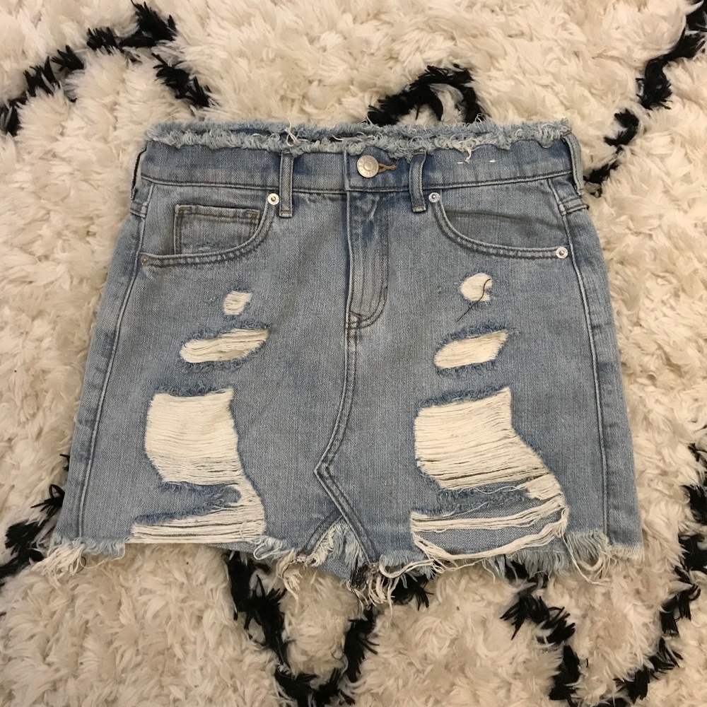 Express Ripped Light Wash Mini Jean Skirt